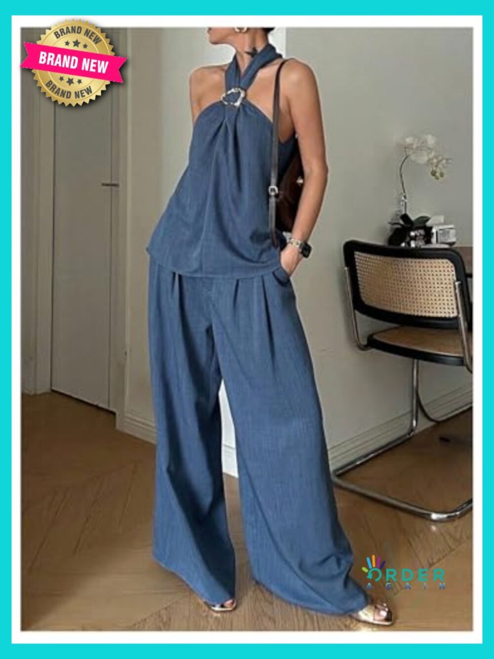 2 Piece Outfits Halter Tank Top Wide Leg Pants Matching Sets Trendy Plus Size - Picture 4 of 6